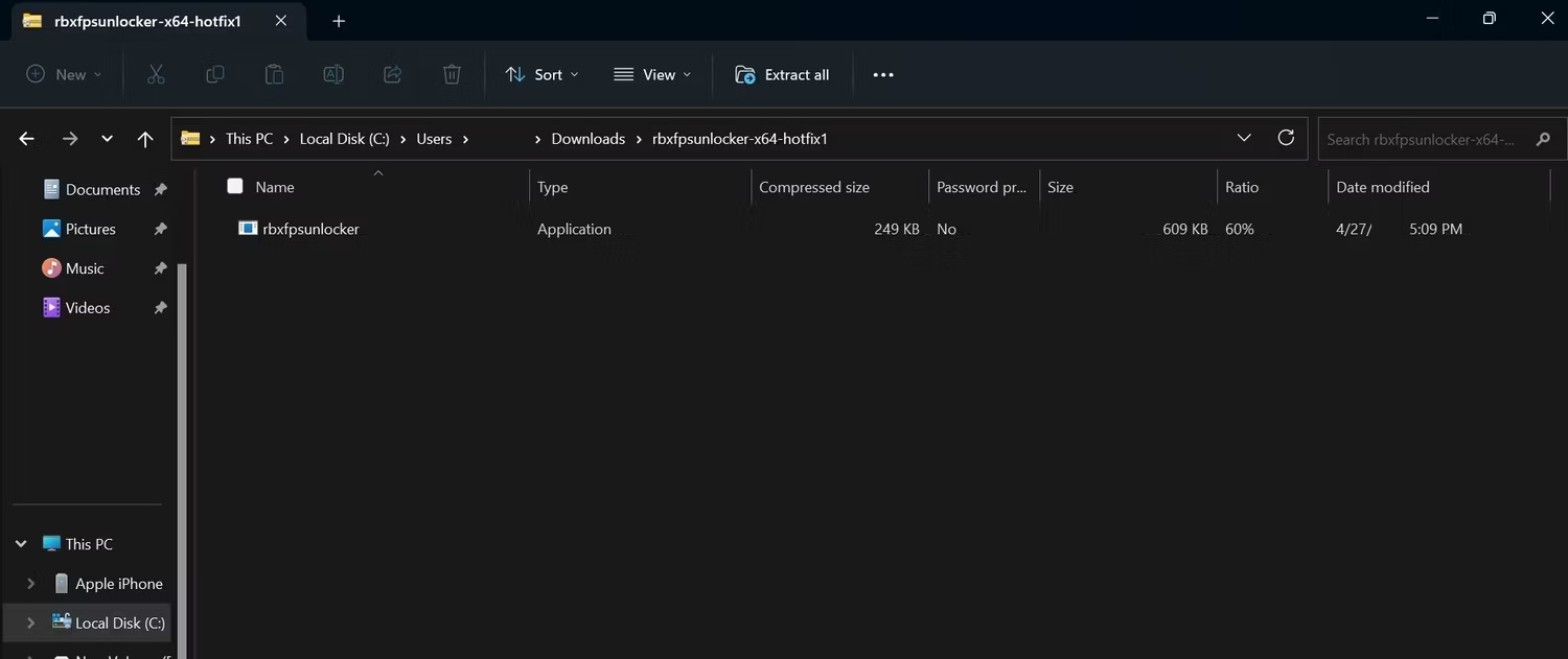 Roblox FPS Unlocker executable in a compressed ZIP folder